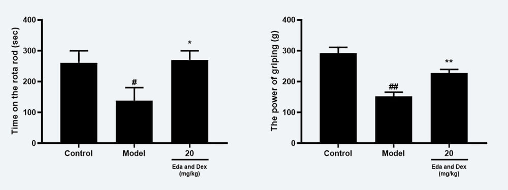 神经功能药效学考察：C 转棒滞留时间；D 抓握力（mean±SEM）.jpg